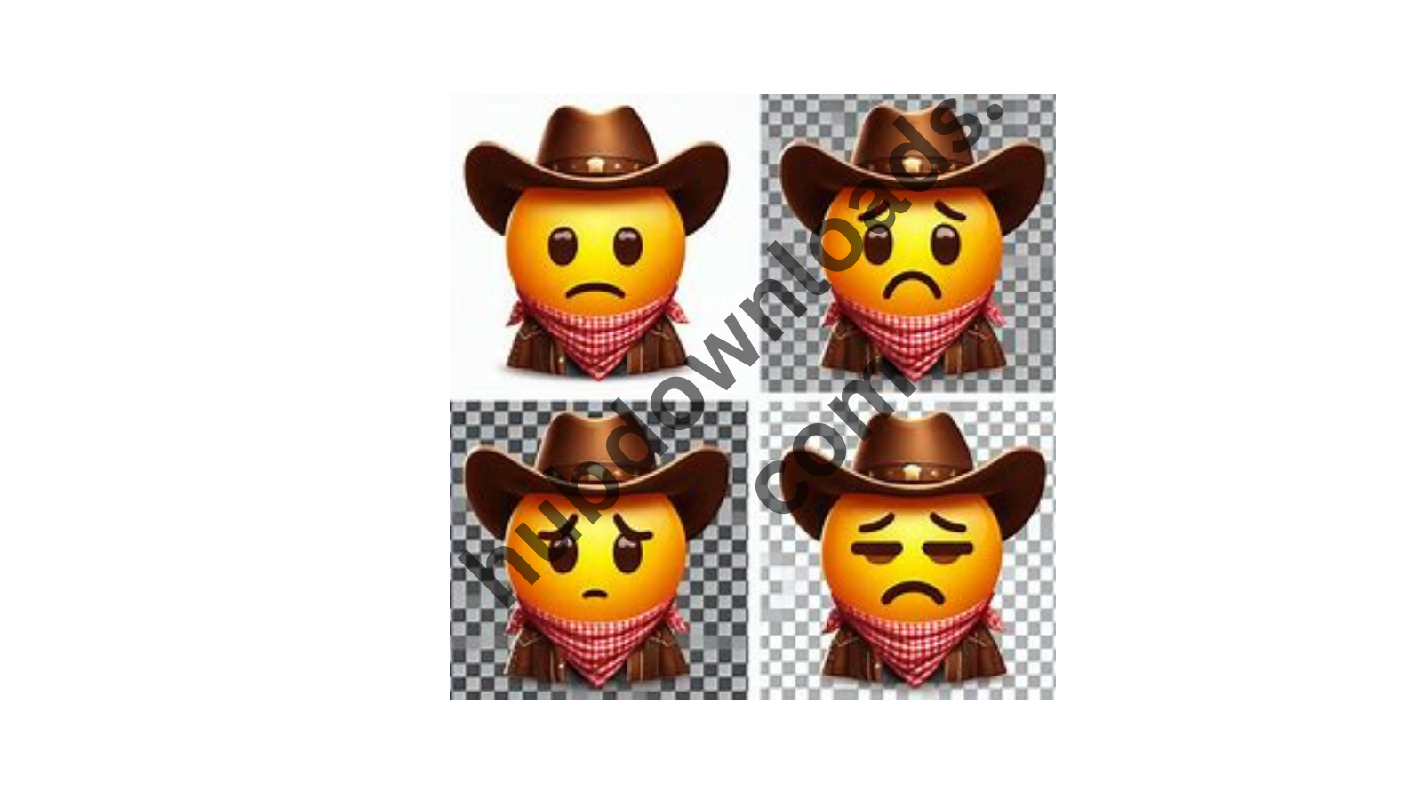 A collage of four sad cowboy emojis with varying expressions of sadness and disappointment. Each emoji wears a brown cowboy hat and red bandana.