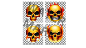 A set of four diverse skull clipart designs with flames and sparkles on transparent backgrounds, perfect for Halloween, alternative designs, and adding a touch of edge.
