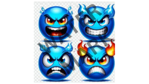  A collage of four blue emojis with varying degrees of anger, from slightly miffed to full-on rage. Each emoji has flames sprouting from its head.]