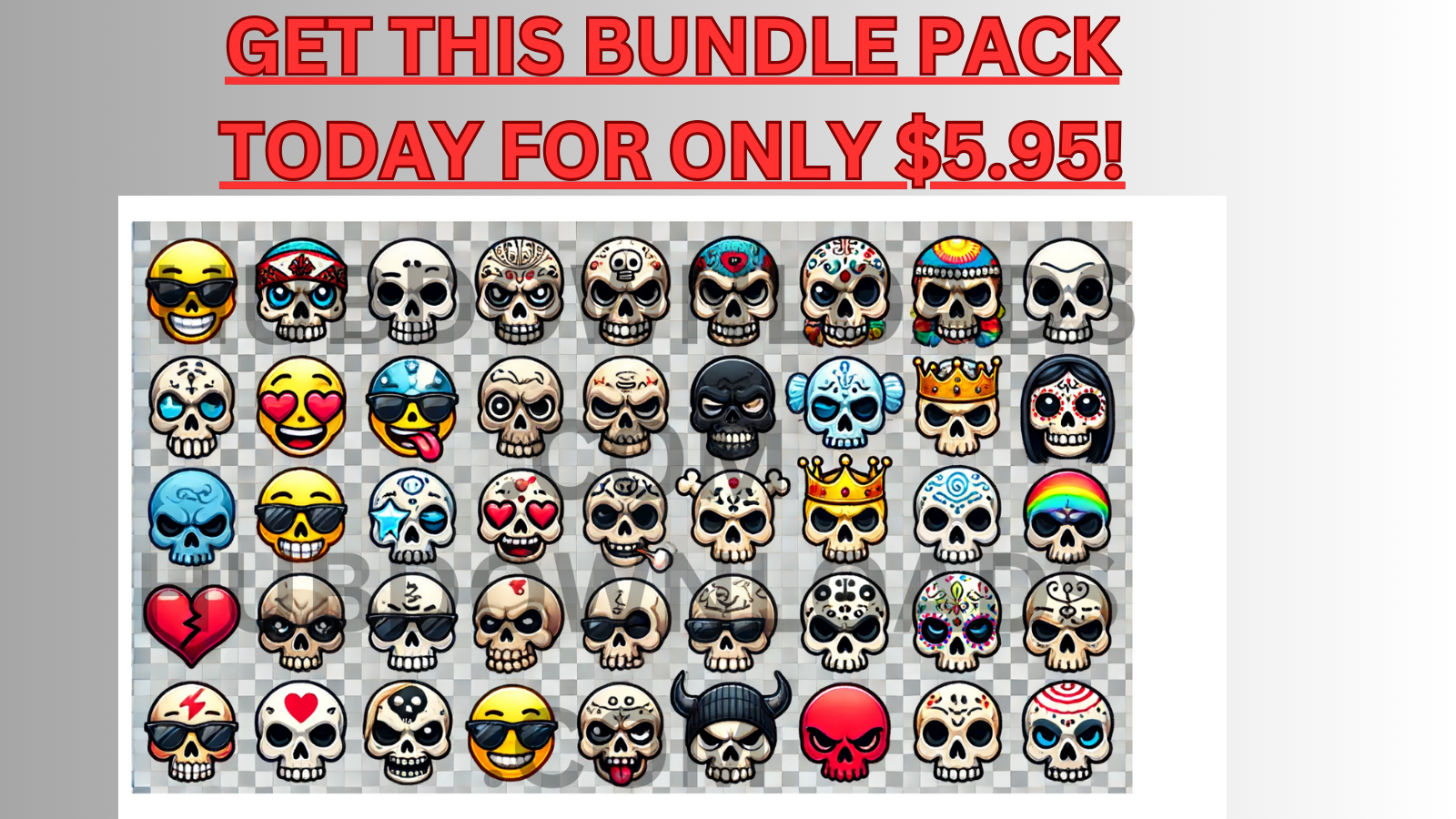 "Explore our collection of 72 unique skull emojis, designed with transparent backgrounds. Ideal for enhancing your digital projects, social media posts, and creative designs. Each emoji showcases a variety of styles and expressions."