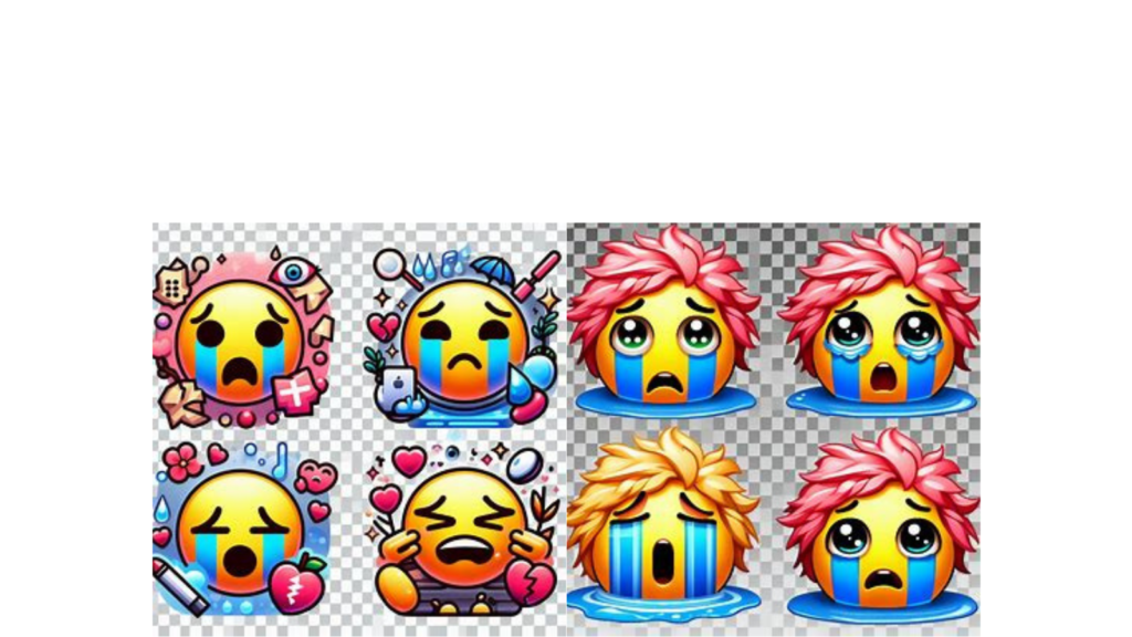 "Collection of TikTok crying emojis with varying expressions: sad, heartbroken, frustrated, laughing tears. Perfect for emotional expression on TikTok videos and comments."