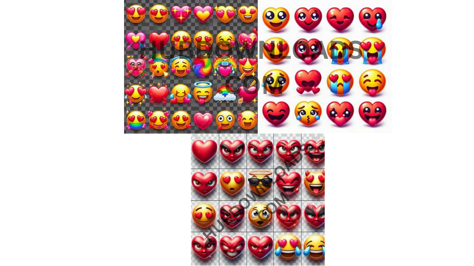 Collection of heart-shaped emoji PNGs with various expressions for digital design and social media.