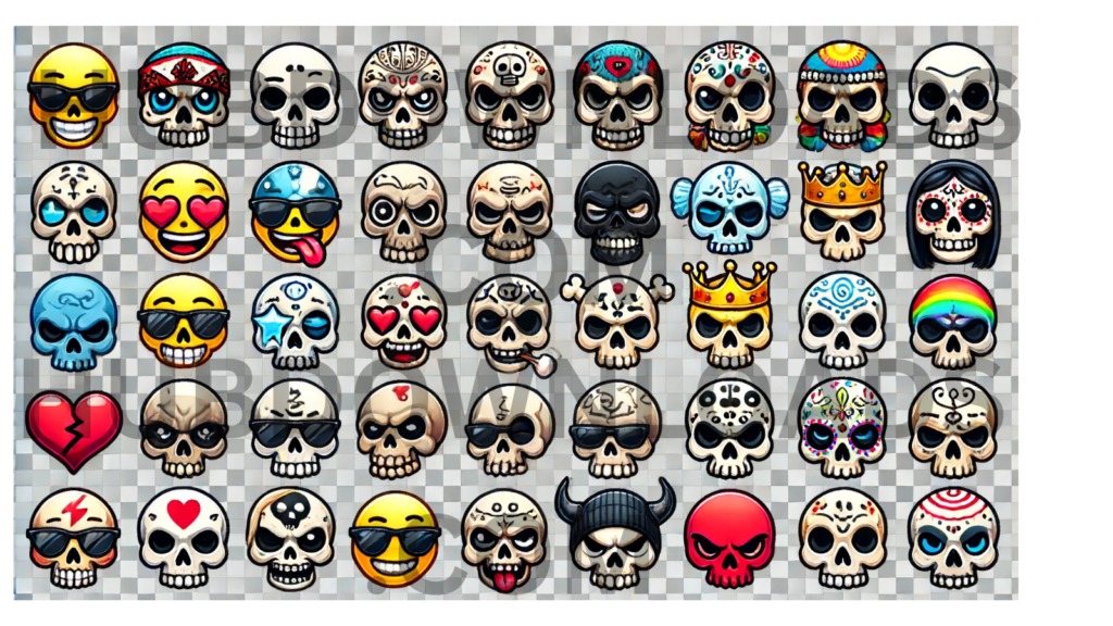"45 unique skull emoji designs with transparent backgrounds, perfect for creating memes and digital artwork."