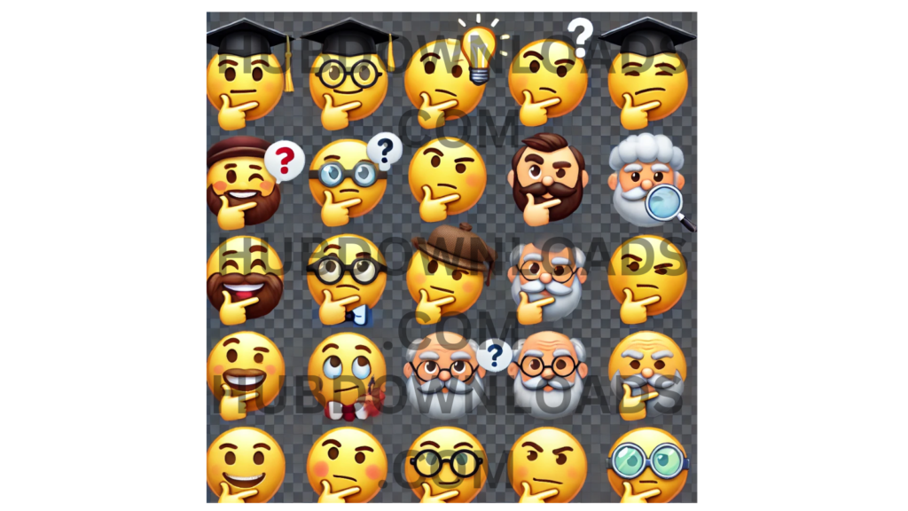 "Unique collection of thinking emojis with different expressions and accessories, perfect for digital communication."