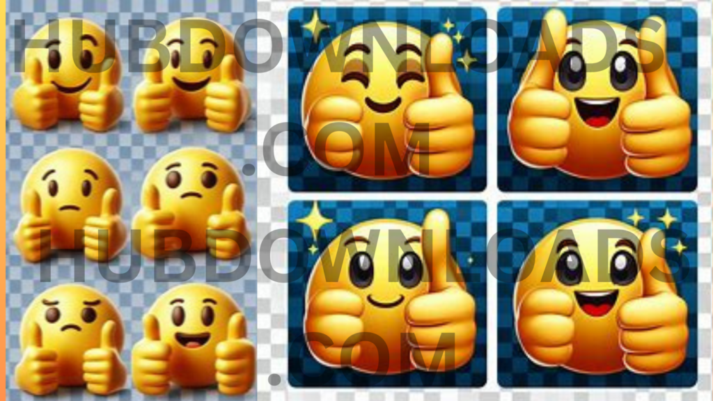 Set of 10 cheerful thumbs-up emojis with various expressions, perfect for digital art, printables, and social media graphics.