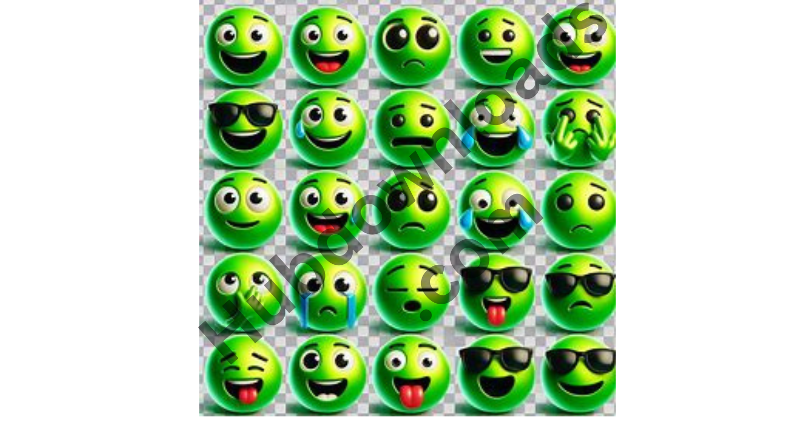 A collage of 25 vibrant 3D green emojis conveying various feelings, including happiness, sadness, excitement, and more