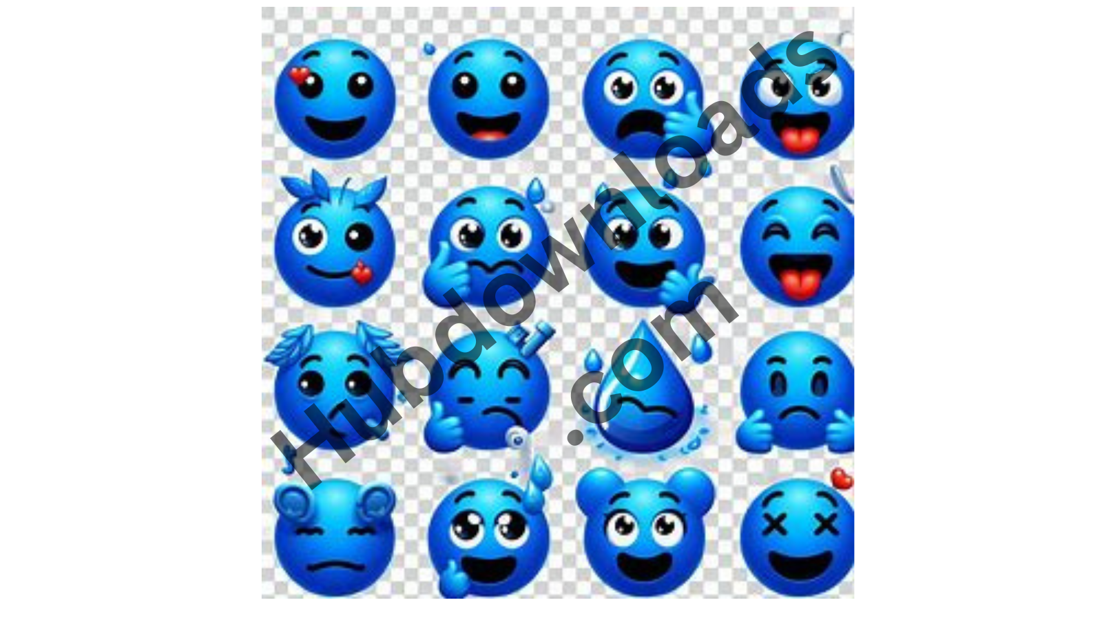 A grid of 16 blue emoji faces displaying various emotions, including happy, sad, silly, surprised, angry, and anxious.