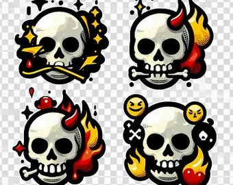 Four vibrant skull face emojis with fiery designs and expressive features, symbolizing dark humor, shock, rebellion, and memento mori." 
