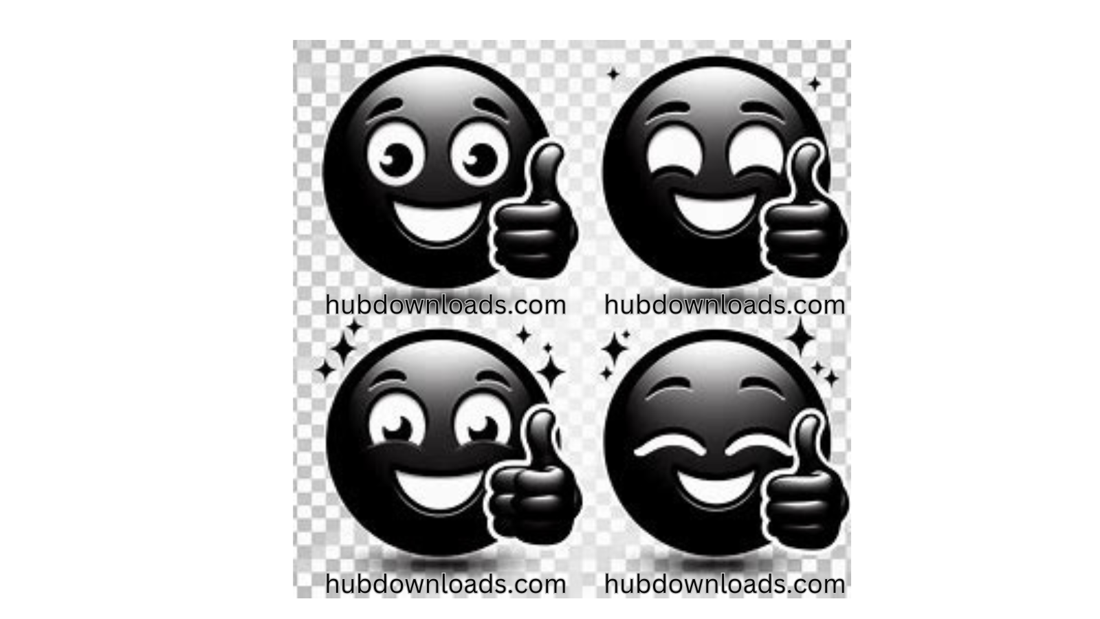 Four variations of the black thumbs up emoji, each with a different expression, including smiling, winking, and with sparkles.