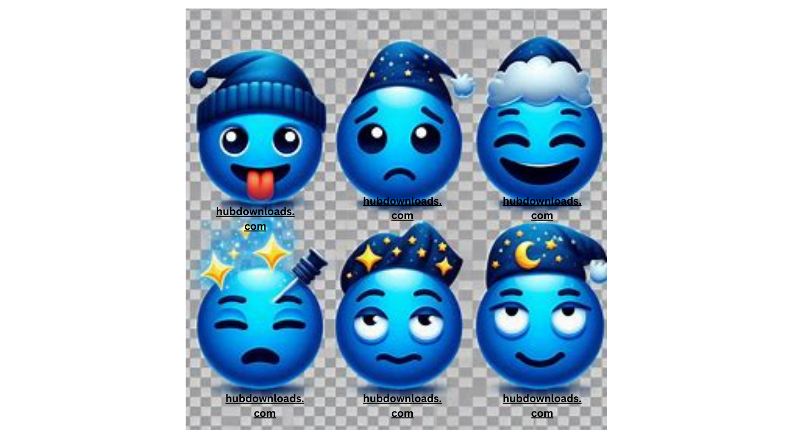(Alt Text for Image): A collage of six blue emojis with various expressions, including happy, sad, sleepy, dizzy, and yawning. These emojis are part of a bundle pack for digital planners and social media use.