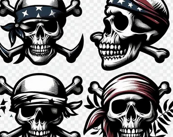 A collection of four skull emojis with transparent backgrounds, featuring bandanas and pirate themes. These transparent skull emojis can be used for various design and marketing purposes, adding a unique and edgy touch to any project.