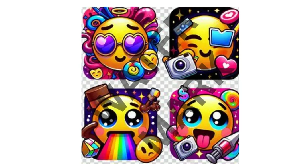 "Four unique TikTok emoji designs featuring vibrant colors, symbols, and playful expressions."