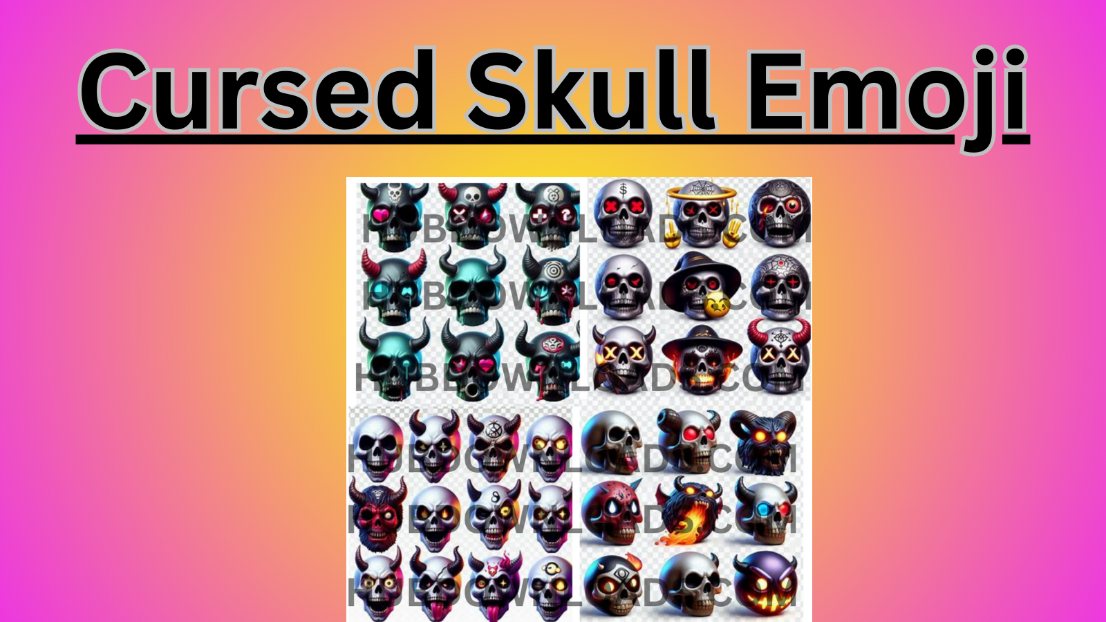 Cursed skull emoji collection featuring a variety of designs with horns, mystical symbols, and fiery expressions.