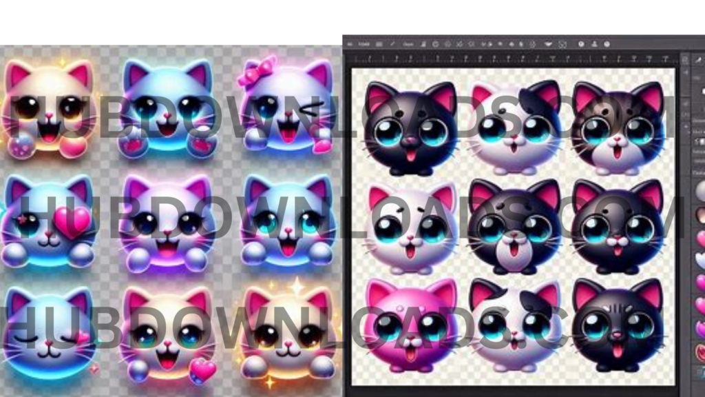 Colorful kitty emoticons with various expressions and accessories."