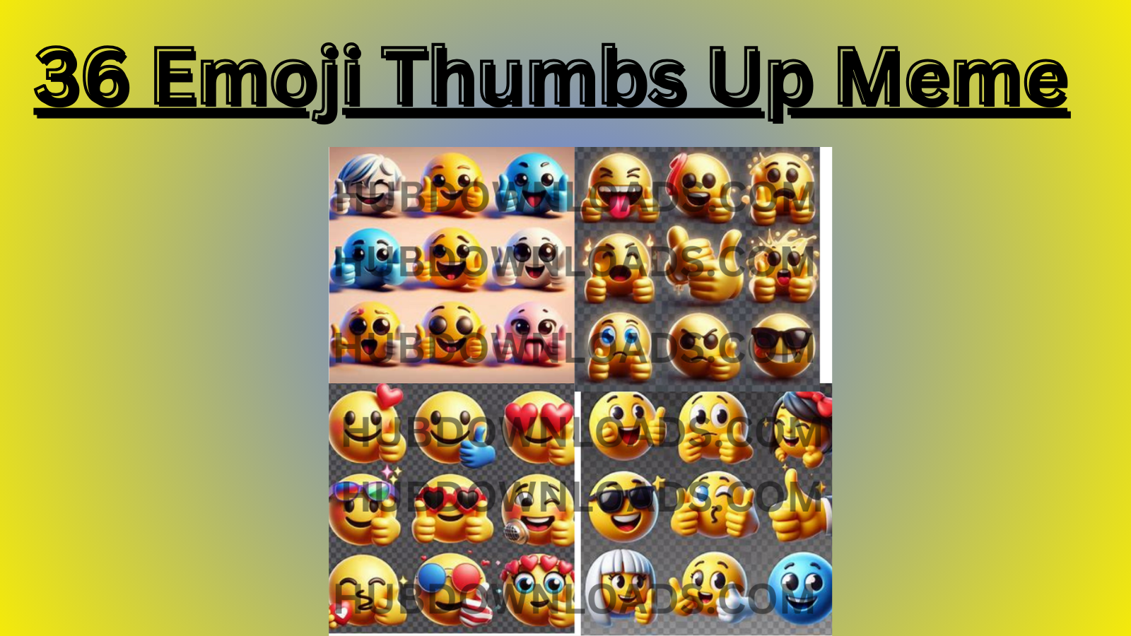 A collection of 36 diverse 3D thumbs up emoji memes expressing a wide range of emotions, from enthusiastic approval and playful sarcasm to ironic indifference.