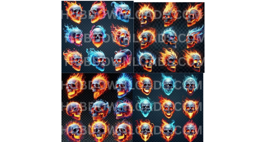 "Intricate fire skull artwork with vibrant flames and detailed skull design."