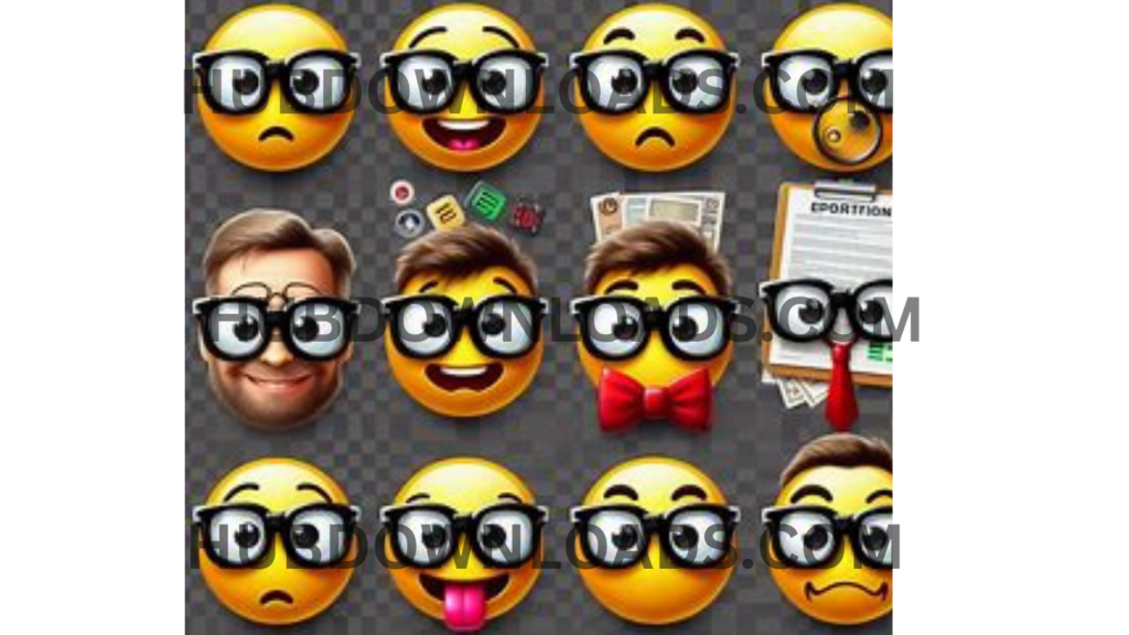 "Collection of high-quality 3D nerd emojis with glasses on a transparent background, perfect for enhancing digital content, blogs, social media posts, and branding with a fun, geeky touch."