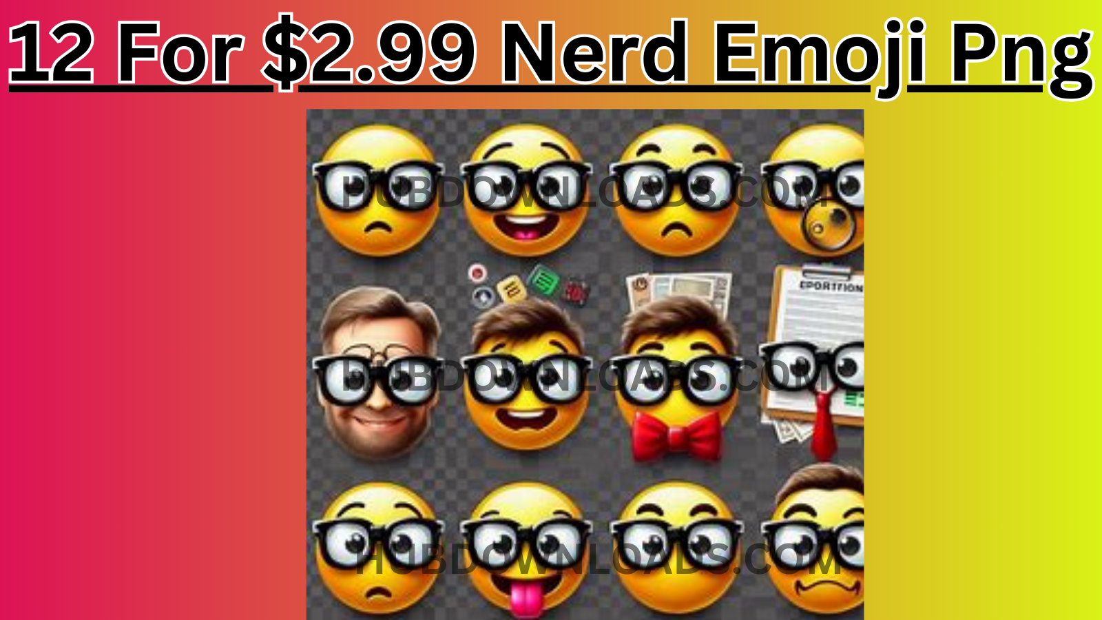 12 diverse nerd emojis in PNG format with transparent backgrounds for $2.99. Perfect for blogs, social media, and digital projects.