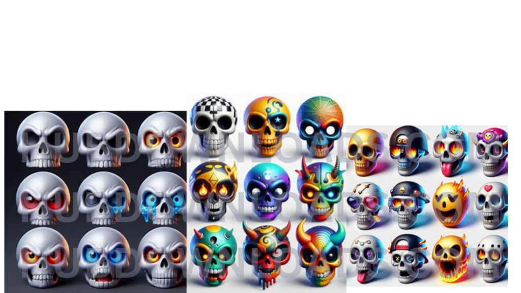 A captivating collection of colorful skull emoji PNGs with transparent backgrounds, perfect for digital art, Halloween designs, and social media.