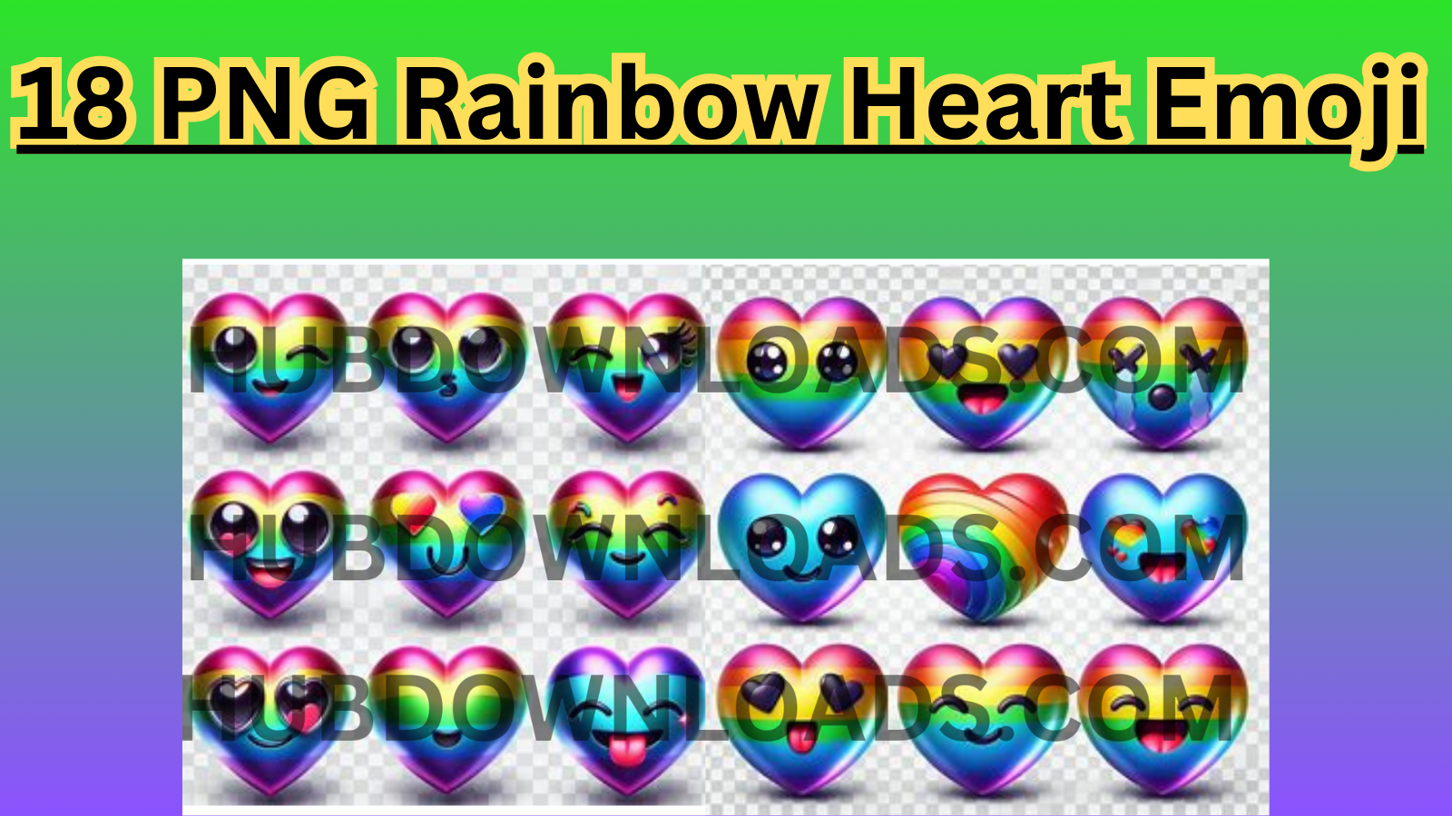 8 vibrant rainbow heart emoji PNGs with various expressions, ideal for adding a touch of color and fun to your digital designs.