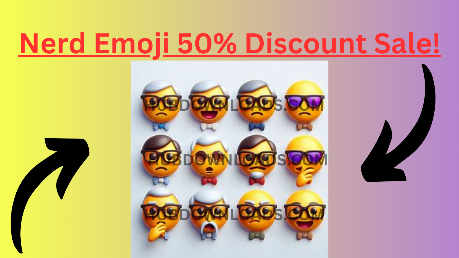 A cheerful 3D nerd emoji sporting glasses and a bowtie smiles invitingly, signaling a 50% off sale on nerd emoji merchandise.