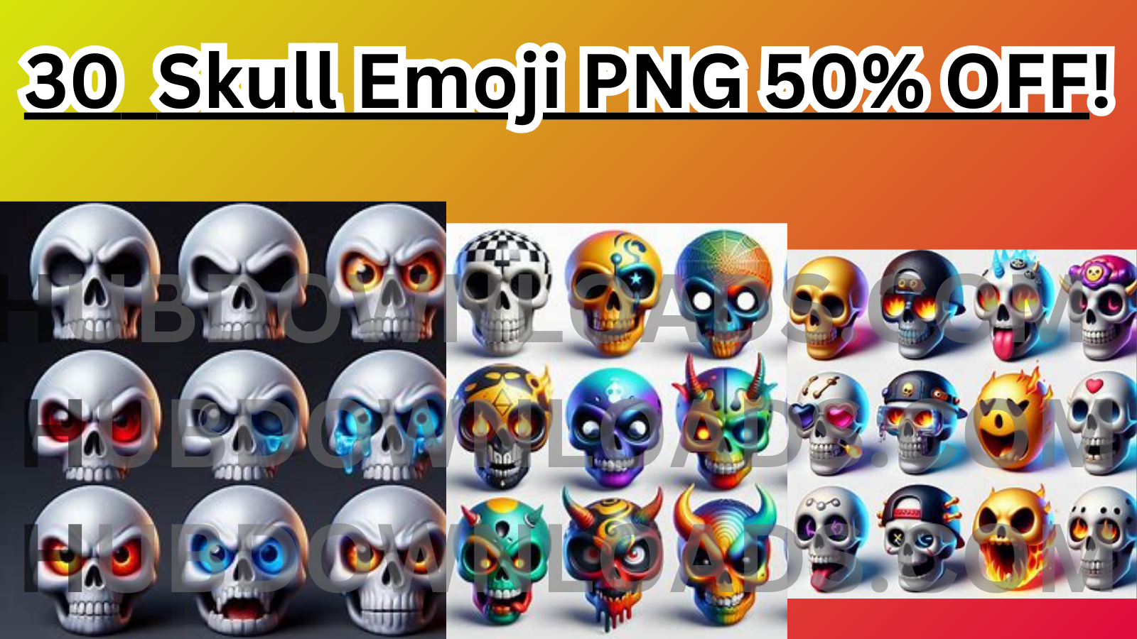 A vibrant collage showcasing 30 unique 3D skull emoji PNGs with various expressions and styles, ideal for digital artists and designers.