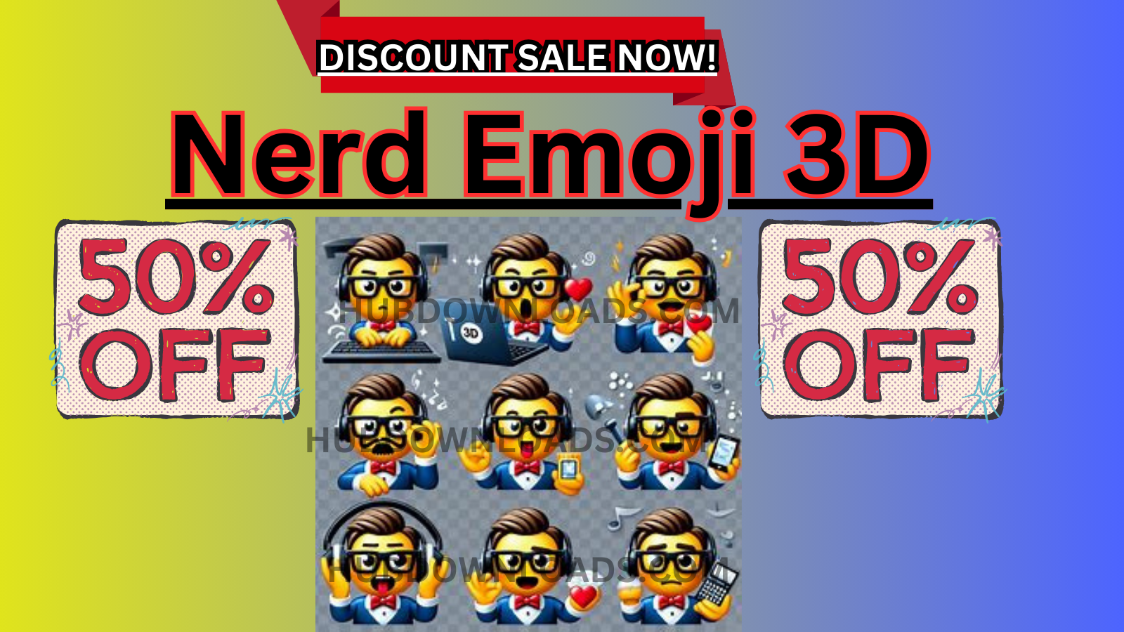 "Collection of 3D nerd emojis showcasing different emotions: happy, surprised, thoughtful, and more."