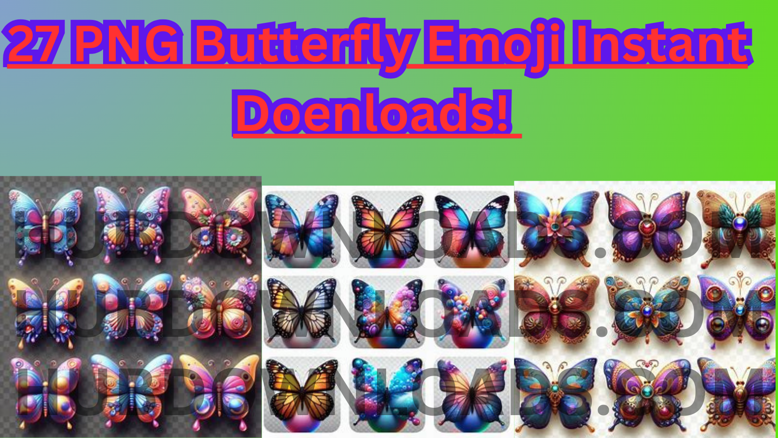 A collage of 27 vibrantly colored butterfly emojis with intricate designs, perfect for digital planners, journals, and scrapbooking.