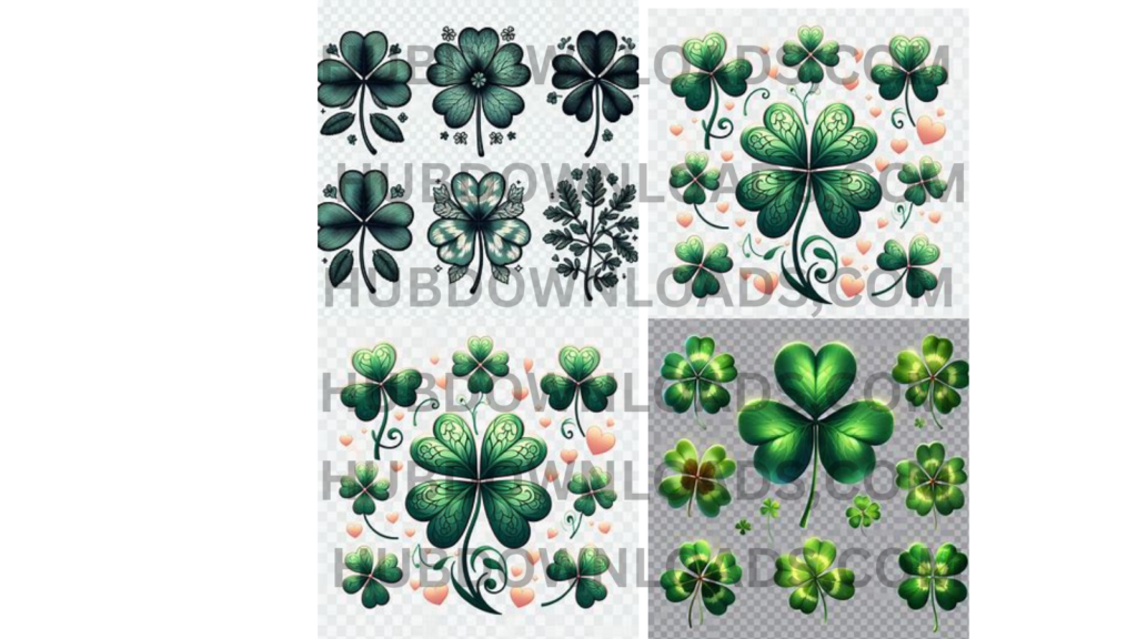 A collection of four-leaf clover tattoos in various shades of green, with some adorned with intricate details.