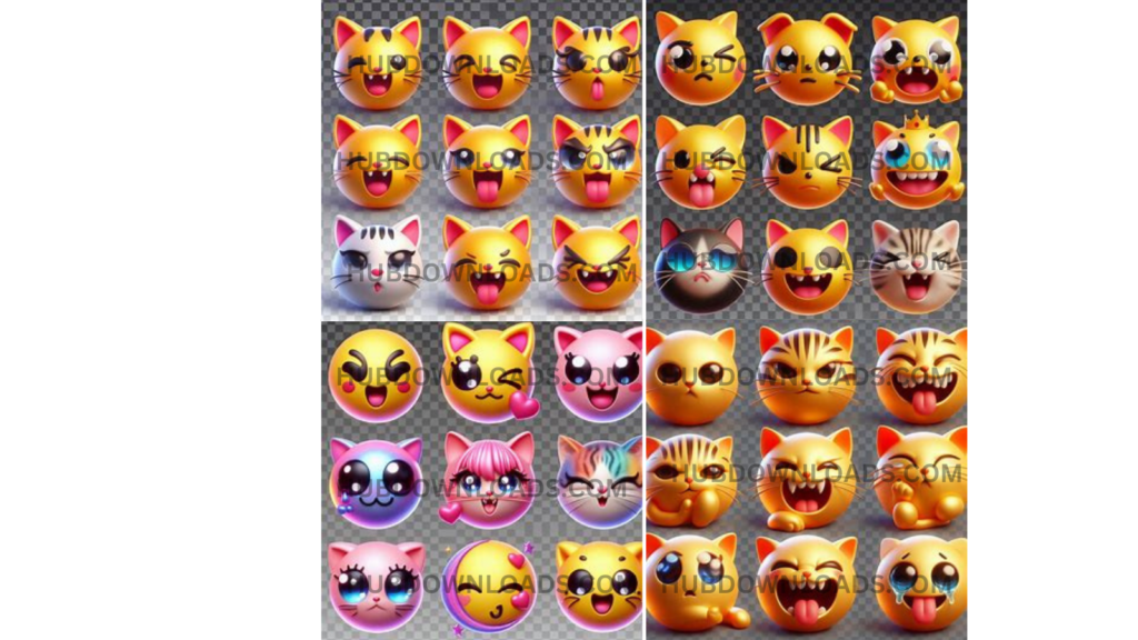 A set of 3D cat emojis displaying a range of emotions, including happy, angry, silly, and surprised.