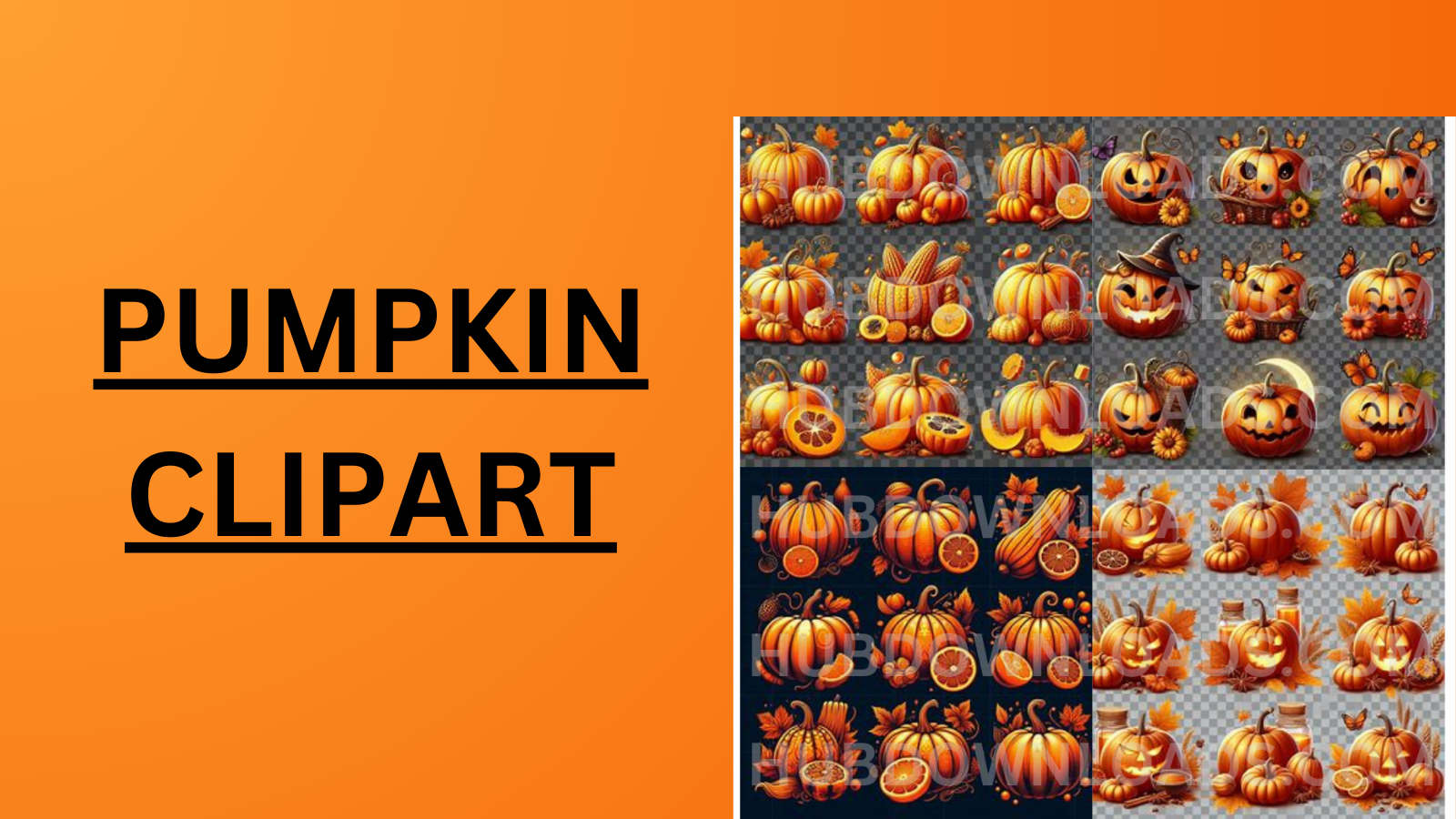 Text: A diverse collection of pumpkin clipart, featuring various shapes, sizes, and expressions, perfect for Halloween, fall-themed projects, and digital designs.