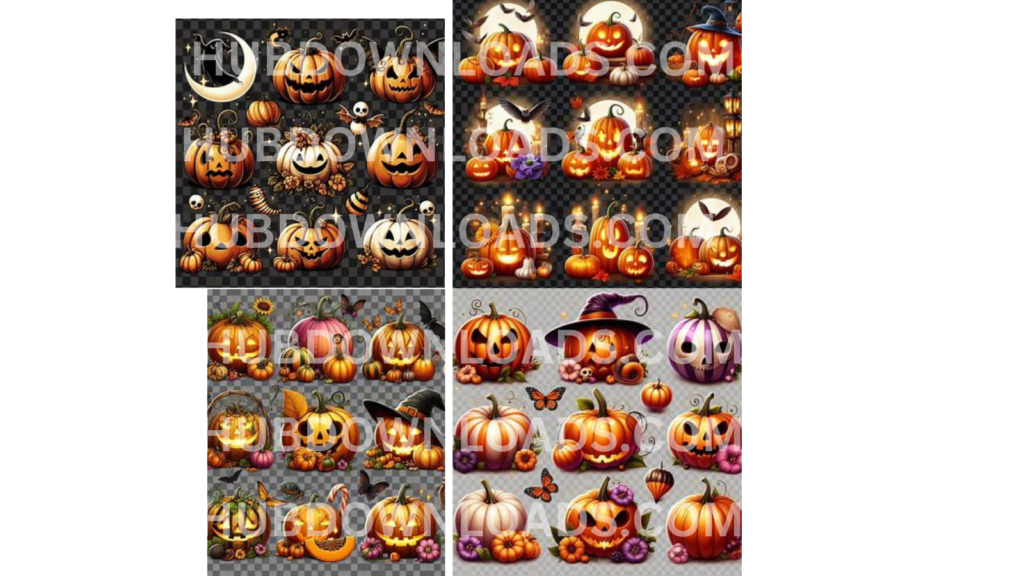 A collection of four digital illustrations featuring various Halloween-themed pumpkins. 