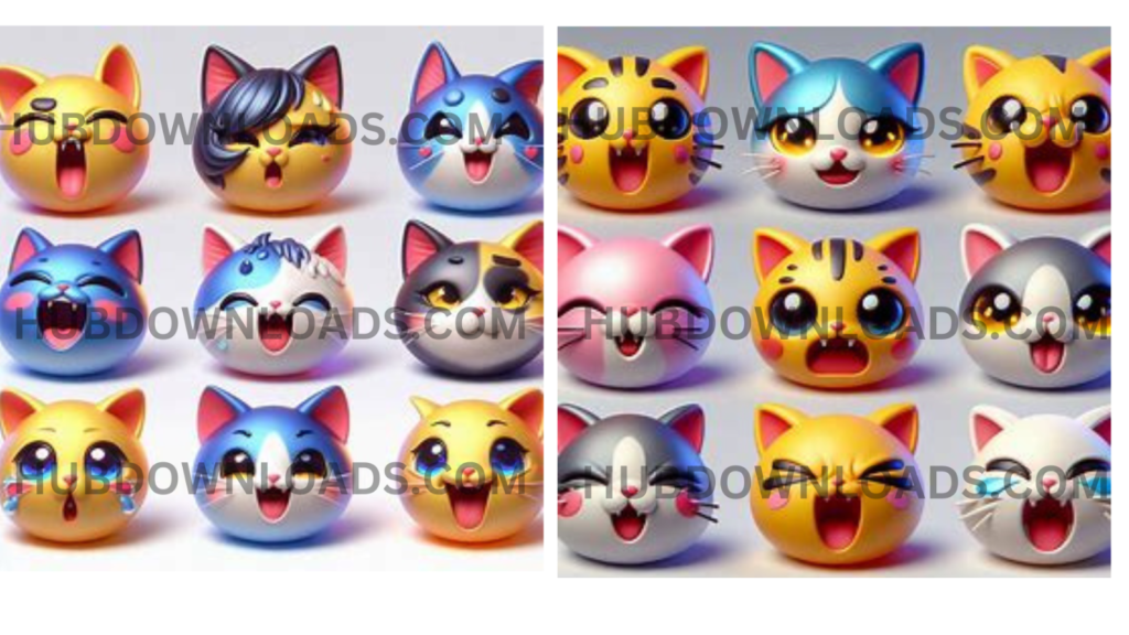 A playful collection of 3D cat emojis showcasing various happy and surprised expressions. Perfect for digital art, and social media! #catemojis #3D #digitalart #cutecats #emoticons