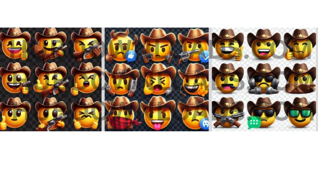 Free cowboy emojis for Discord, including smiling, winking, and angry faces