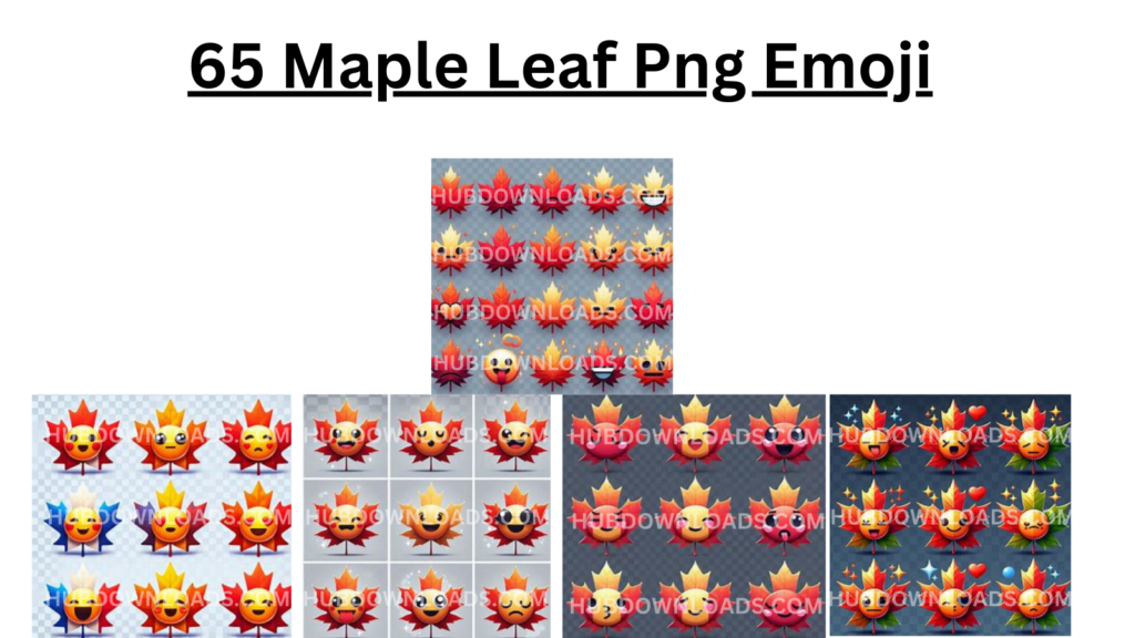 A collection of 65 colorful maple leaf emojis expressing various emotions, perfect for adding a touch of autumn to your digital communications.