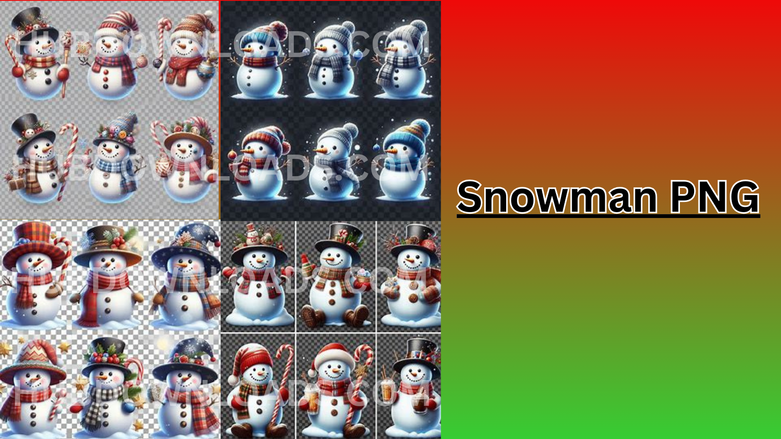 "Snowman PNG collection featuring unique winter characters with hats, scarves, and accessories on a festive red and green background"