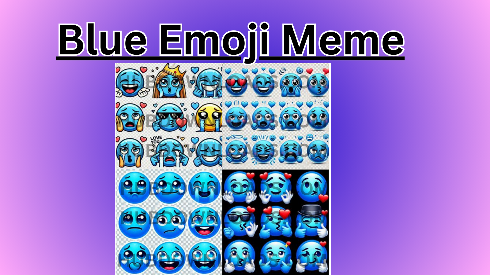 Blue Emoji Meme Collection, Digital Graphic with Various Facial Expressions and Heart Symbols"